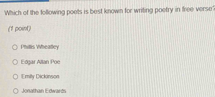 Which of the following poets is best known for writing poetry in free verse?
(1 point)
Phillis Wheatley
Edgar Allan Poe
Emily Dickinson
Jonathan Edwards