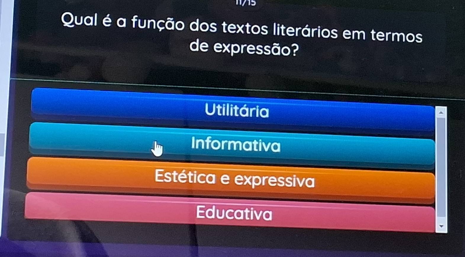 11715
Qual é a função dos textos literários em termos
de expressão?
Utilitária
Informativa
Estética e expressiva
Educativa