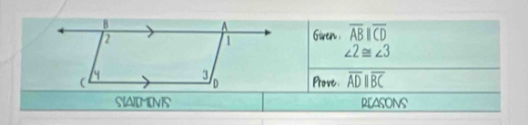 Given overline ABparallel overline CD
∠ 2≌ ∠ 3
Prove overline ADparallel overline BC
SADMNS REASONS