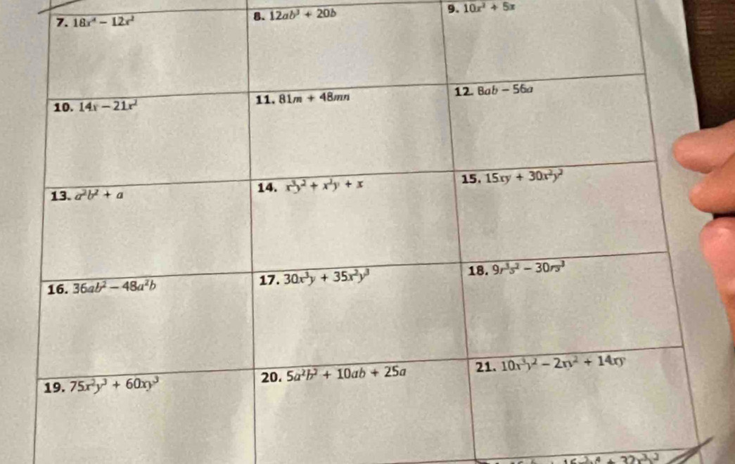 18x^4-12x^2
8. 12ab^3+20b 9. 10x^2+5x
+32x^3)^2