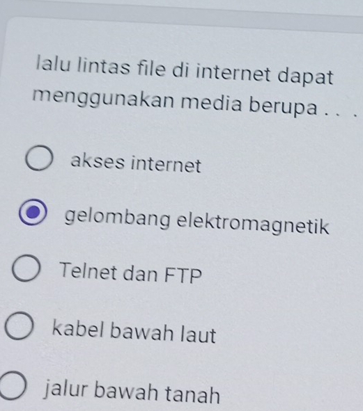 lalu lintas file di internet dapat
menggunakan media berupa . . .
akses internet
gelombang elektromagnetik
Telnet dan FTP
kabel bawah laut
jalur bawah tanah