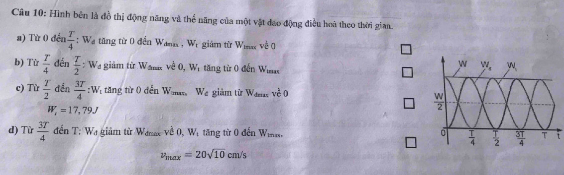 Hình bên là đồ thị động năng và thế năng của một vật dao động điều hoà theo thời gian.
a) Từ 0 đến  T/4  W_d tăng từ 0 đến V V_dmax ,W_t giảm từ W_tmaxv_e^((lambda)0
b) Từ frac T)4 đến  T/2  : Wơ giảm từ Wamax vwidehat eO,W_t tăng từ 0 đến W_tan ax
c) Từ  T/2  đến  3T/4  :Wị tăng từ 0 đến W_tmax, W_d giảm từ W_dmaxv_e^((lambda)0
W_i)=17,79J
d) Từ  3T/4  đến T: Wơ giảm từ Wa naxve^(lambda)0,W_t tăng từ 0 đến Wimax. t
v_max=20sqrt(10)cm/s