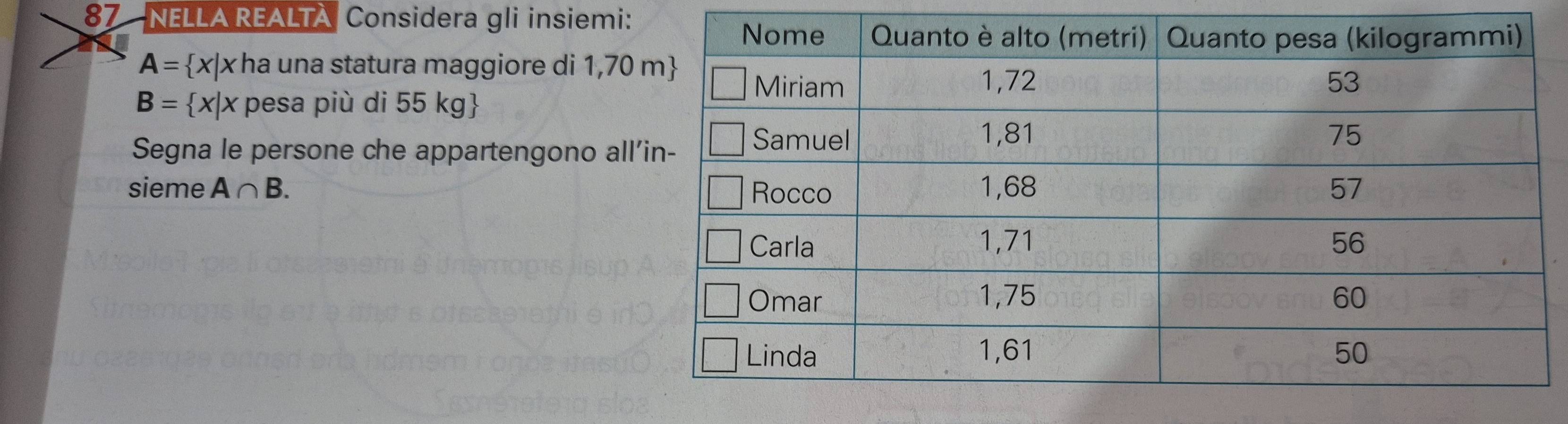 NELLA REALTA Considera gli insiemi:
A= x|x ha una statura maggiore di 1,70
B= x|x pesa più di 55 kg  
Segna le persone che appartengono all' 
sieme A∩ B.