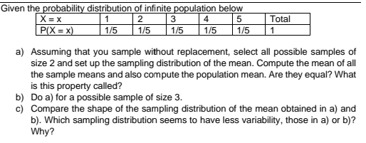 Given the probability distribution of infinite population below
a) Assuming that you sample without replacement, select all possible samples of
size 2 and set up the sampling distribution of the mean. Compute the mean of all
the sample means and also compute the population mean. Are they equal? What
is this property called?
b) Do a) for a possible sample of size 3.
c) Compare the shape of the sampling distribution of the mean obtained in a) and
b). Which sampling distribution seems to have less variability, those in a) or b)?
Why?