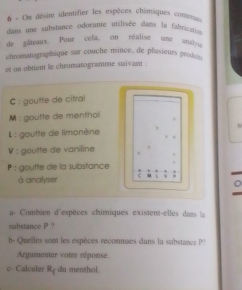 On désire identifier les espèces chimiques contenues 
dans une substance odorante utilisée dans la fabrication 
de gâteaux. Pour cela, on réalise une analyse 
chromatographique sur couche mince, de plusieurs produits 
et on obtient le chromatogramme suivant ; 
C : goutte de citral 
M : goutte de menthol 
L : goutte de limonène S 
V : goutte de vaniline 
P : goutte de la substance 
H 
à analyser 
C M L ν 
a- Combien d'espèces chimiques existent-elles dans la 
substance P ? 
b- Quelles sont les espèces reconnues dans la substance P? 
Argumenter votre réponse. 
c- Calculer R_f du menthol