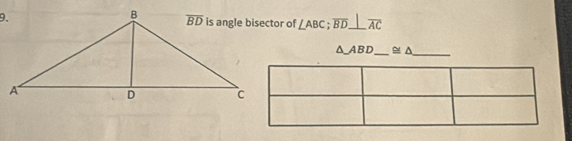 ∠ ABC;overline BD⊥ overline AC
△ ABD _ ≌ △ _