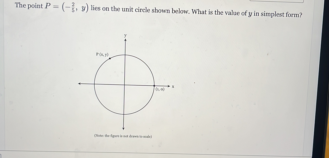 The point P=(- 2/5 ,y) lies on the unit circle shown below. What is the value of y in simplest form?
(Note: the figure is not drawn to scale)