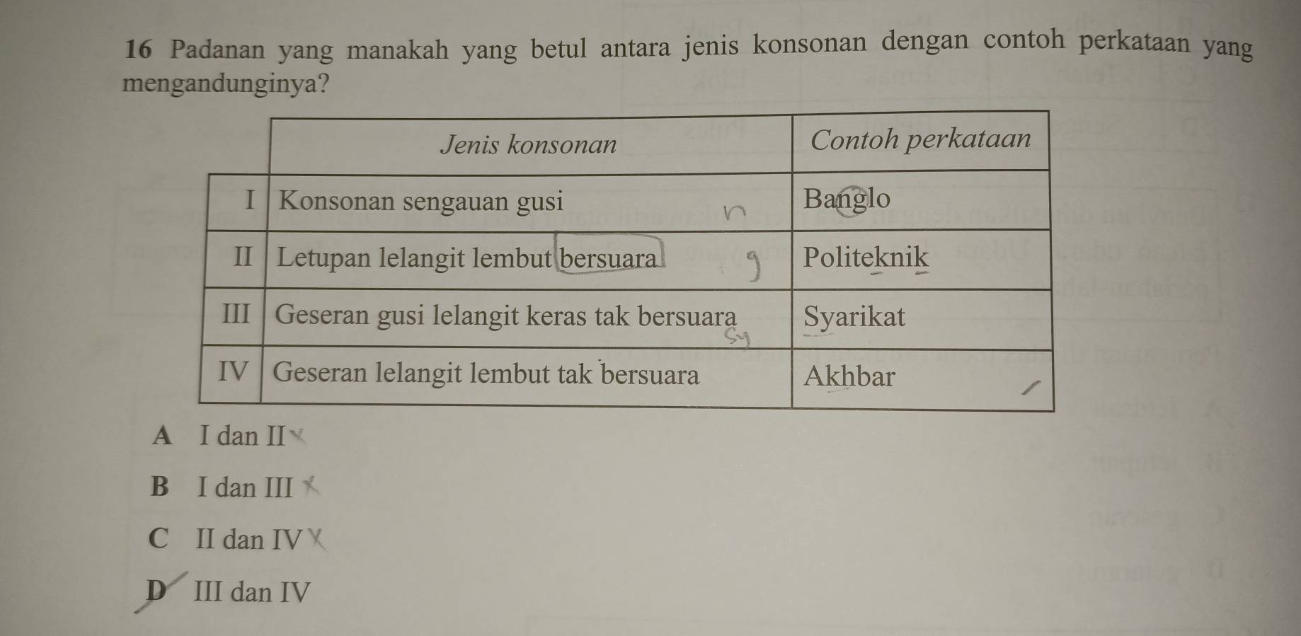 Padanan yang manakah yang betul antara jenis konsonan dengan contoh perkataan yang
mengandunginya?
A I dan II
B I dan III
C II dan IVX
D III dan IV