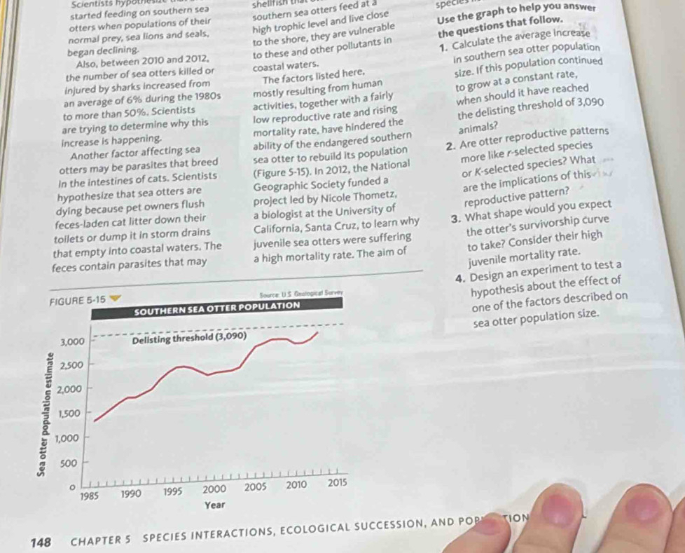 Scientists hypothesist 
started feeding on southern sea shellfish that 
southern sea otters feed at a 
otters when populations of their 
normal prey, sea lions and seals, high trophic level and live close species 
to the shore, they are vulnerable Use the graph to help you answer 
to these and other pollutants in the questions that follow. 
began declining. 
1. Calculate the average increase 
Also, between 2010 and 2012, 
injured by sharks increased from coastal waters. in southern sea otter population 
the number of sea otters killed or 
The factors listed here, 
to grow at a constant rate, 
an average of 6% during the 1980s mostly resulting from human size. If this population continued 
to more than 50%. Scientists activities, together with a fairly 
when should it have reached 
are trying to determine why this low reproductive rate and rising 
increase is happening. mortality rate, have hindered the the delisting threshold of 3,090
animals? 
Another factor affecting sea ability of the endangered southern 
more like r-selected species 
otters may be parasites that breed sea otter to rebuild its population 2. Are otter reproductive patterns 
or K-selected species? What 
In the intestines of cats. Scientists (Figure 5-15). In 2012, the National 
hypothesize that sea otters are Geographic Society funded a 
are the implications of this 
reproductive pattern? 
dying because pet owners flush project led by Nicole Thometz, 
feces-laden cat litter down their a biologist at the University of 
toilets or dump it in storm drains California, Santa Cruz, to learn why 3. What shape would you expect 
to take? Consider their high 
that empty into coastal waters. The juvenile sea otters were suffering 
feces contain parasites that may a high mortality rate. The aim of the otter's survivorship curve 
juvenile mortality rate. 
4. Design an experiment to test a 
hypothesis about the effect of 
one of the factors described on 
sea otter population size. 
148 CHAPTER 5 SPECIES INTERACTIONS, ECOLOGICAL SUCCESSION, AND PO TION