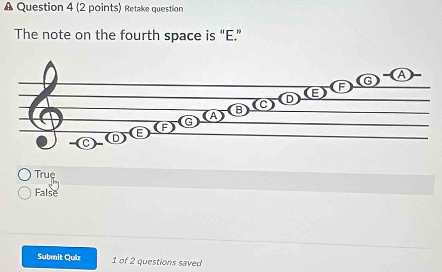 Retake question
The note on the fourth space is “ E.”
True
False
Submit Quiz 1 of 2 questions saved