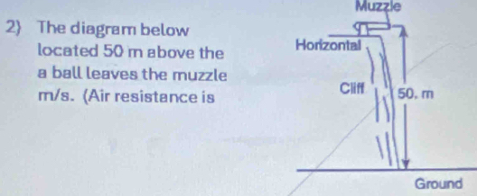 Muzzle 
2 The diagram below 
located 50 m above the 
a ball leaves the muzzle
m/s. (Air resistance is