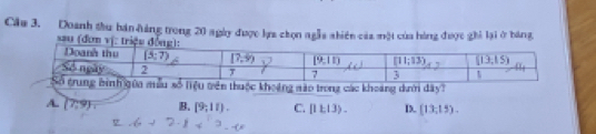 Cầu 3. Doanh thu hán hảng trong 20 ngày được lựa chọn ngẫa shiên cáa một của hóng được ghi lại ở báng
sau (đơ
uộc khoảng mào trong các khoảng dười dây?
A. (7,9) B. [9,11). C. [11,13). D. [13,15).