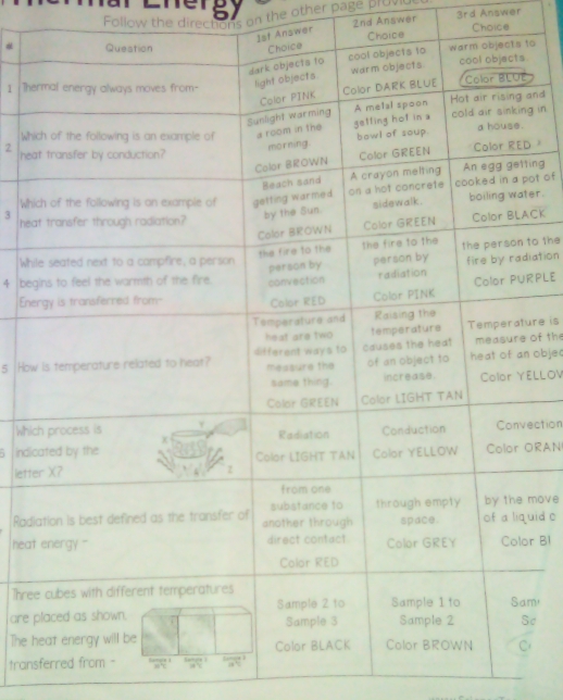 Follow the directions on the other page prOVIU 3rd Answer 
2nd Answer Choice 
Answer 
Choice 
#to 
1 The. 
and 
Whig in 
2 hea 
ting 
Whiot of 
3 heaer. 
CK 
to the 
Whiiation 
4 begRPLE 
Ene 
ure is 
5 |How of the 
objec 
ELLOV 
whiection 
indiORAN 
lette 
move 
Radiuid o 
heatr BI 
Threm! 
are c 
The h 
tran 
.