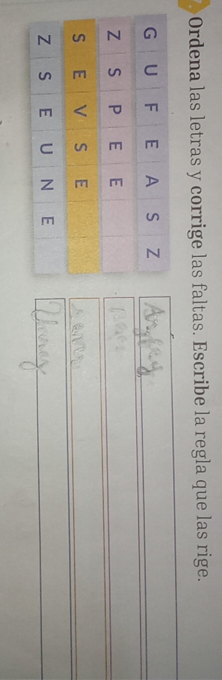 Ordena las letras y corrige las faltas. Escribe la regla que las rige.