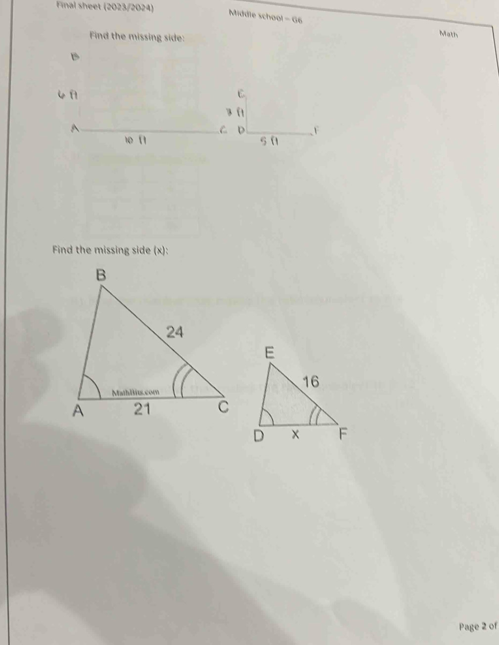 Final sheet (2023/2024) 
Middle school -66
Math 
Find the missing side (x): 
Page 2 of