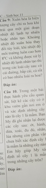 Sinh học 1 I 
Câu 9: Xuân hóa là hiện 
tượng cây chỉ ra hoa khi 
trải qua một giai đoạn 
nhiệt độ lạnh tự nhiên 
hoặc nhân tạo. Khoảng 
nhiệt độ xuân hỏa thay 
đổồi tùy loài, khi nhiệt độ 
môi trường luôn cao hơn
8°C và không được xử lý 
nhiệt độ lạnh nhân tạo thì 
trong các loài cây sau: củ 
cải dường, bắp cải, cả rốt 
có bao nhiêu loài ra hoa? 
Đáp án: 
Câu 10. Trong một bài 
thực hành yêu cầu quan 
sát, liệt kê các cây có ở 
khu vườn gần nơi em ở 
và xác định những cây 
nào là cây 1 lá mầm. Bạn 
My đã ghi nhận lại được 
các cây sau: ớt, hành, 
dừa, xoài, đu dù, nhãn, 
lúa nhưng còn phân vân 
chưa biết xác định cây 
là mầm là những cây nào 
: Em hãy giúp My xá 
ốt, định số cây 1 lá mần 
ây, trong những cây trên? 
ao Đáp án:. 
êm