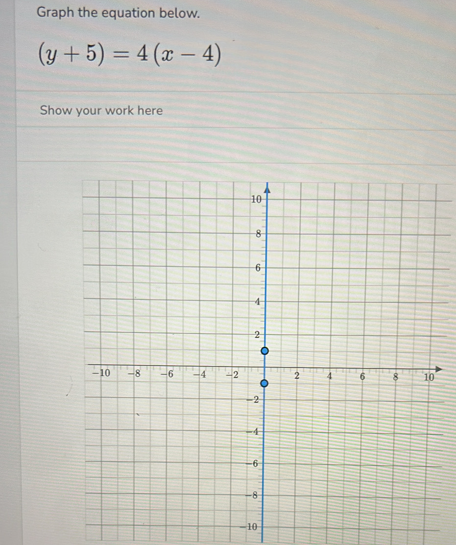 Graph the equation below.
(y+5)=4(x-4)
Show your work here
-10