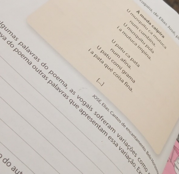 P2
m u s q u itu ca m u té 
um cumbin 
musquitu pu 
mutuca impir 
patu ca pa 
um afina 
patu comi gran 
pata qué coisa fir 
[...] 
palavras do poema, as vogais sofreram variaç 
_____bema outras palavras que apresentam essa va 

do au