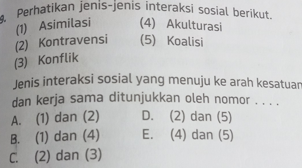 9, Perhatikan jenis-jenis interaksi sosial berikut.
(1) Asimilasi (4) Akulturasi
(2) Kontravensi (5) Koalisi
(3) Konflik
Jenis interaksi sosial yang menuju ke arah kesatuan
dan kerja sama ditunjukkan oleh nomor . . . .
A. (1) dan (2) D. (2) dan (5)
B. (1) dan (4) E. (4) dan (5)
C. (2) dan (3)