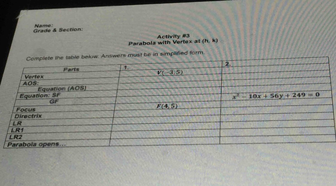Name:
Grade & Section:
Activity #3
Parabola with Vertex at (h,k)
must be in simplified form.