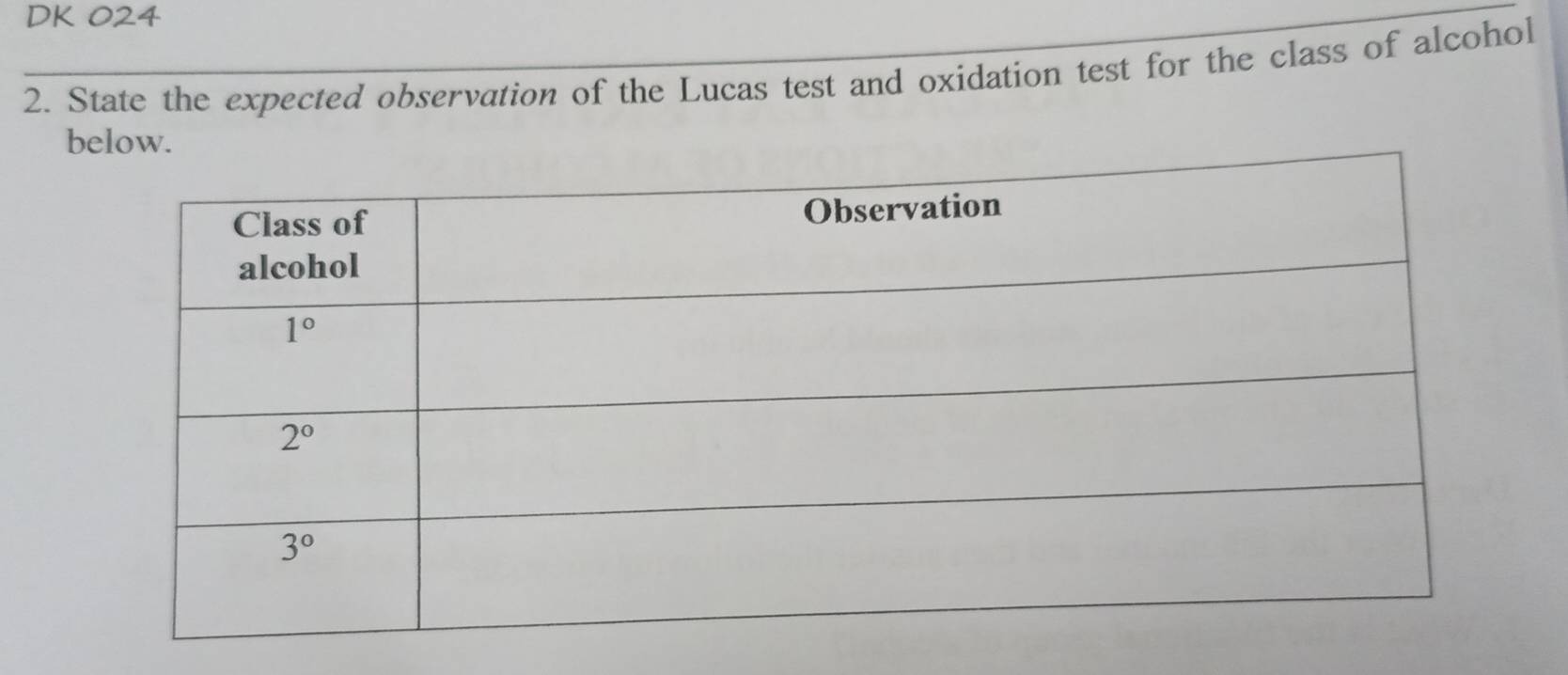 DK 024
2. State the expected observation of the Lucas test and oxidation test for the class of alcohol
below.