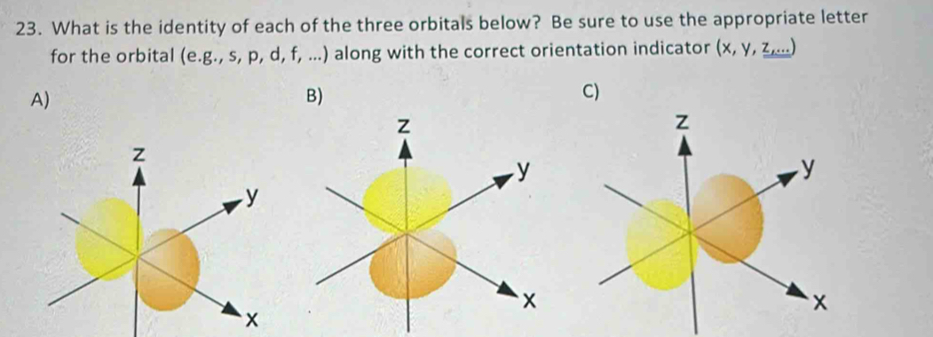 Solved: What is the identity of each of the three orbitals below? Be ...