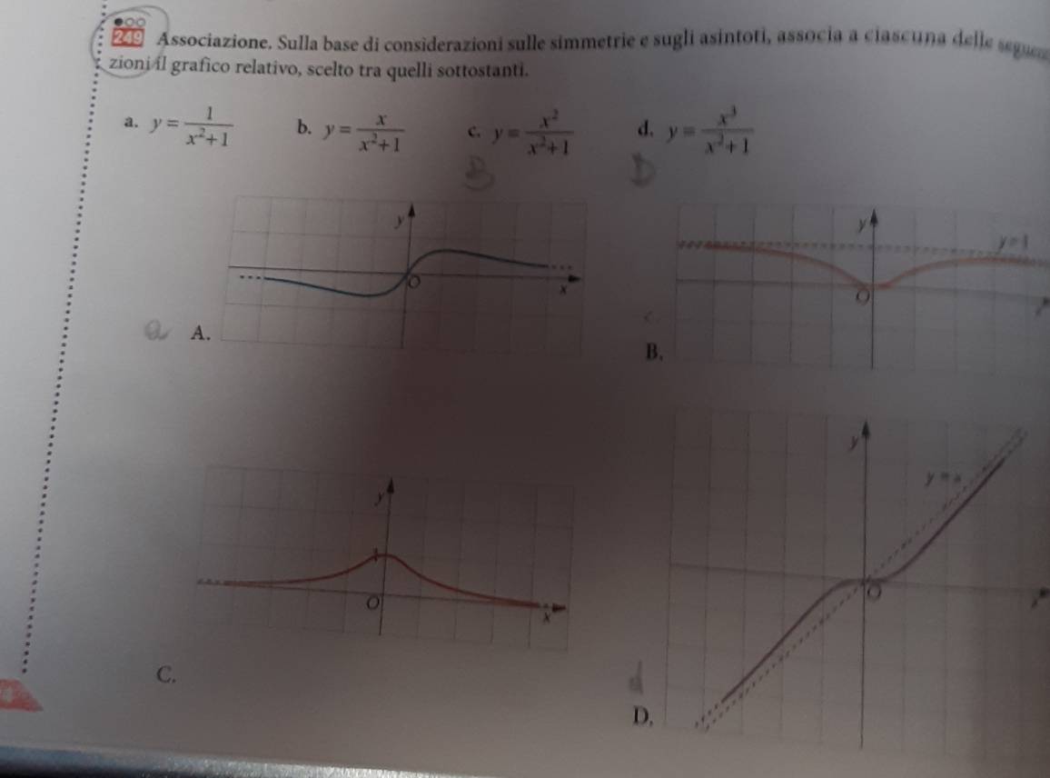 Associazione. Sulla base di considerazioni sulle simmetrie e sugli asintoti, associa a ciascuna de les 
zioni íl grafico relativo, scelto tra quelli sottostanti.
a. y= 1/x^2+1  b. y= x/x^2+1  c. y= x^2/x^2+1  d. y= x^3/x^2+1 
C.