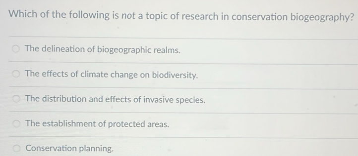 Which of the following is not a topic of research in conservation biogeography?
The delineation of biogeographic realms.
The effects of climate change on biodiversity.
The distribution and effects of invasive species.
The establishment of protected areas.
Conservation planning.