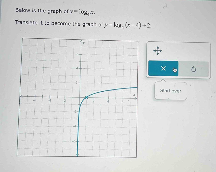 Below is the graph of y=log _4x. 
Translate it to become the graph of y=log _4(x-4)+2. 
×
Start over