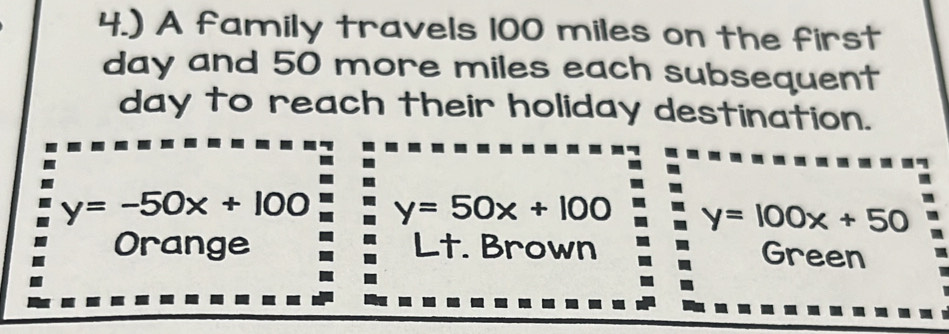 4.) A family travels 100 miles on the first
day and 50 more miles each subsequent
day to reach their holiday destination.
y=-50x+100 y=50x+100 y=100x+50
Orange Lt. Brown Green