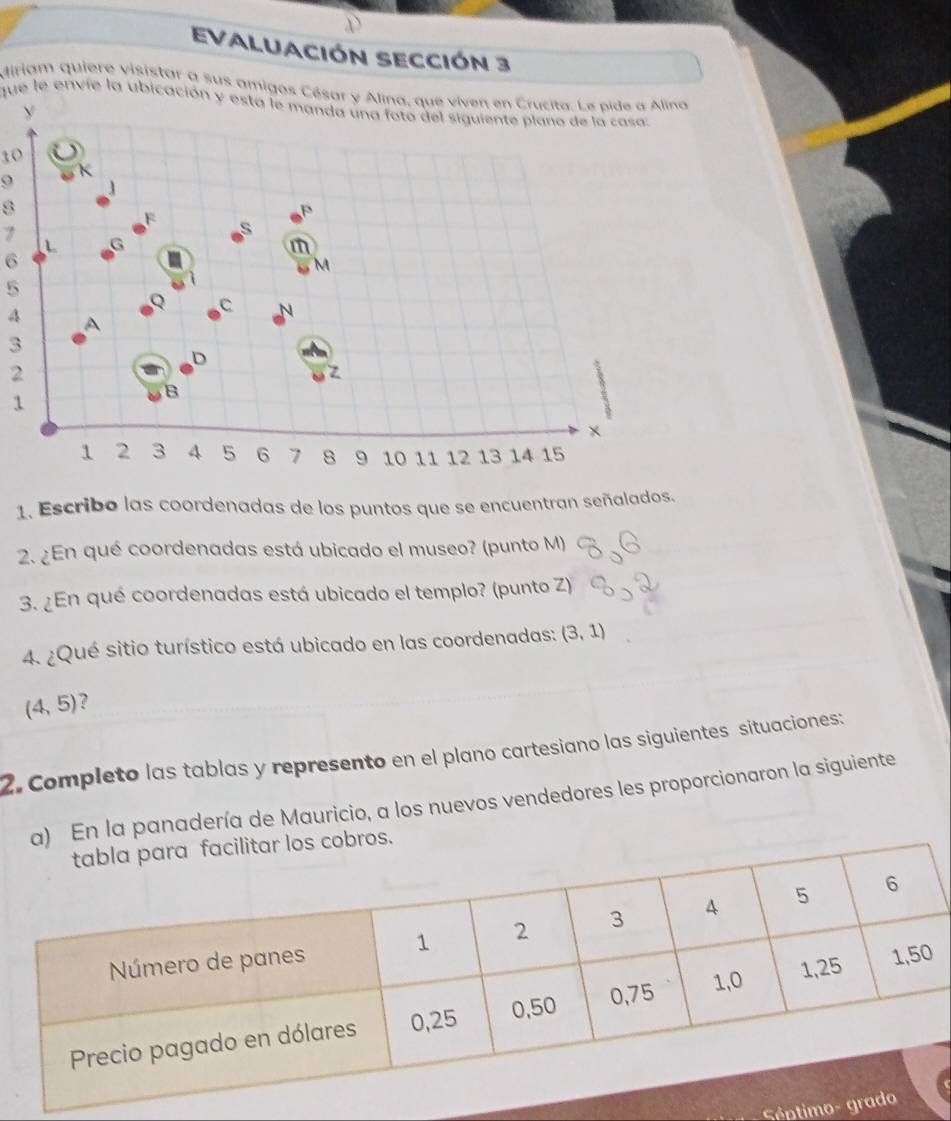 EVALUaCIóN SECCIón 3 
Miriam quiere visistar a sus amigos César y Alina, que viven en Crucita. Le pide a Alina 
que le envie la ubicación y esta le manda una foto del siguiente plano de la casa:
10
9
8
7
6
5
A
3
2
1
1. Escribo las coordenadas de los puntos que se encuentran señalados. 
2. ¿En qué coordenadas está ubicado el museo? (punto M) 
3. ¿En qué coordenadas está ubicado el templo? (punto Z) 
4. ¿Qué sitio turístico está ubicado en las coordenadas: (3,1)
(4,5) 7 
2. Completo las tablas y represento en el plano cartesiano las siguientes situaciones: 
a) En la panadería de Mauricio, a los nuevos vendedores les proporcionaron la siguiente 
cilitar los cobros. 
Séntimo -