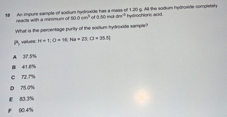 An impure sample of sodium hydroxide has a mass of 1.20 g. All the sodium hydroxide completely
reacts with a minimum of 50.0cm^3 of 0.50moldm^(-3) hydrochloric acid.
What is the percentage purity of the sodium hydroxide sample?
[A values: H=1; O=16; Na=23; Cl=35.5]
A 37.5%
B 41.6%
C 72.7%
D 75.0%
E 83.3%
F 90.4%