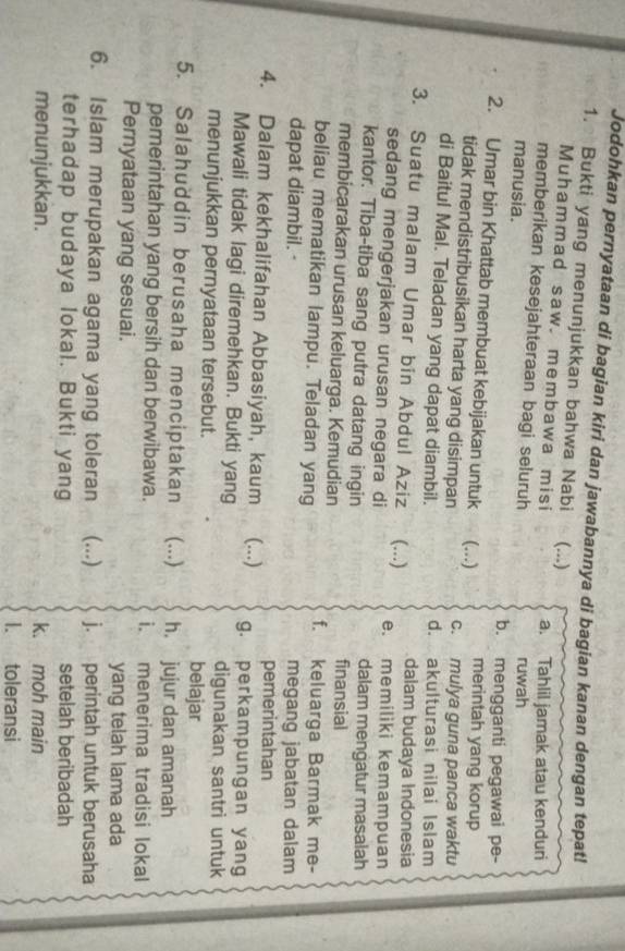 Jodohkan pernyataan di bagian kiri dan jawabannya di bagian kanan dengan tepat!
1. Bukti yang menunjukkan bahwa Nabi (...)
Muhammad saw. membawa misi a. Tahlil jamak atau kenduri
memberikan kesejahteraan bagi seluruh ruwah
manusia. b. mengganti pegawai pe-
merintah yang korup
2. Umar bin Khattab membuat kebijakan untuk (...) c. mulya guna panca waktu
tidak mendistribusikan harta yang disimpan
di Baitul Mal. Teladan yang dapat diambil. d. akulturasi nilai Islam
dalam budaya Indonesia
3. Suatu malam Umar bin Abdul Aziz (...) e. memiliki kemampuan
sedang mengerjakan urusan negara di
kantor. Tiba-tiba sang putra datang ingin finansial dalam mengatur masalah
membicarakan urusan keluarga. Kemudian
f.
beliau mematikan lampu. Teladan yang keluarga Barmak me-
dapat diambil. · megang jabatan dalam
pemerintahan
4. Dalam kekhalifahan Abbasiyah, kaum (...) g. perkampungan yang
Mawali tidak lagi diremehkan. Bukti yang digunakan santri untuk
menunjukkan pernyataan tersebut. belajar
5. Salahuddin berusaha menciptakan (...) h. jujur dan amanah
pemerintahan yang bersih dan berwibawa. i.  menerima tradisi lokal
Pernyataan yang sesuai. yang telah lama ada
6. Islam merupakan agama yang toleran (...) j. perintah untuk berusaha
terhadap budaya lokal. Bukti yang setelah beribadah
menunjukkan. k. moh main
I. toleransi