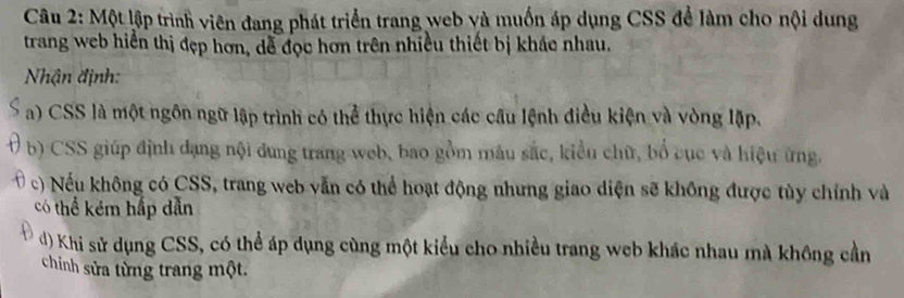 Một lập trình viên đang phát triển trang web và muốn áp dụng CSS để làm cho nội dung
trang web hiển thị đẹp hơn, dễ đọc hơn trên nhiều thiết bị khác nhau.
Nhận định:
a) CSS là một ngôn ngữ lập trình có thể thực hiện các cầu lệnh điều kiện và vòng lập.
b) CSS giúp định dạng nội đung trang web, bao gồm mâu sắc, kiểu chữ, bổ cục và hiệu ứng.
c) Nếu không có CSS, trang web vẫn có thể hoạt động nhưng giao diện sẽ không được tùy chính và
có thể kém hấp dẫn
đ) Khi sử dụng CSS, có thể áp dụng cùng một kiểu cho nhiều trang web khác nhau mà không cần
chinh sửa từng trang một.