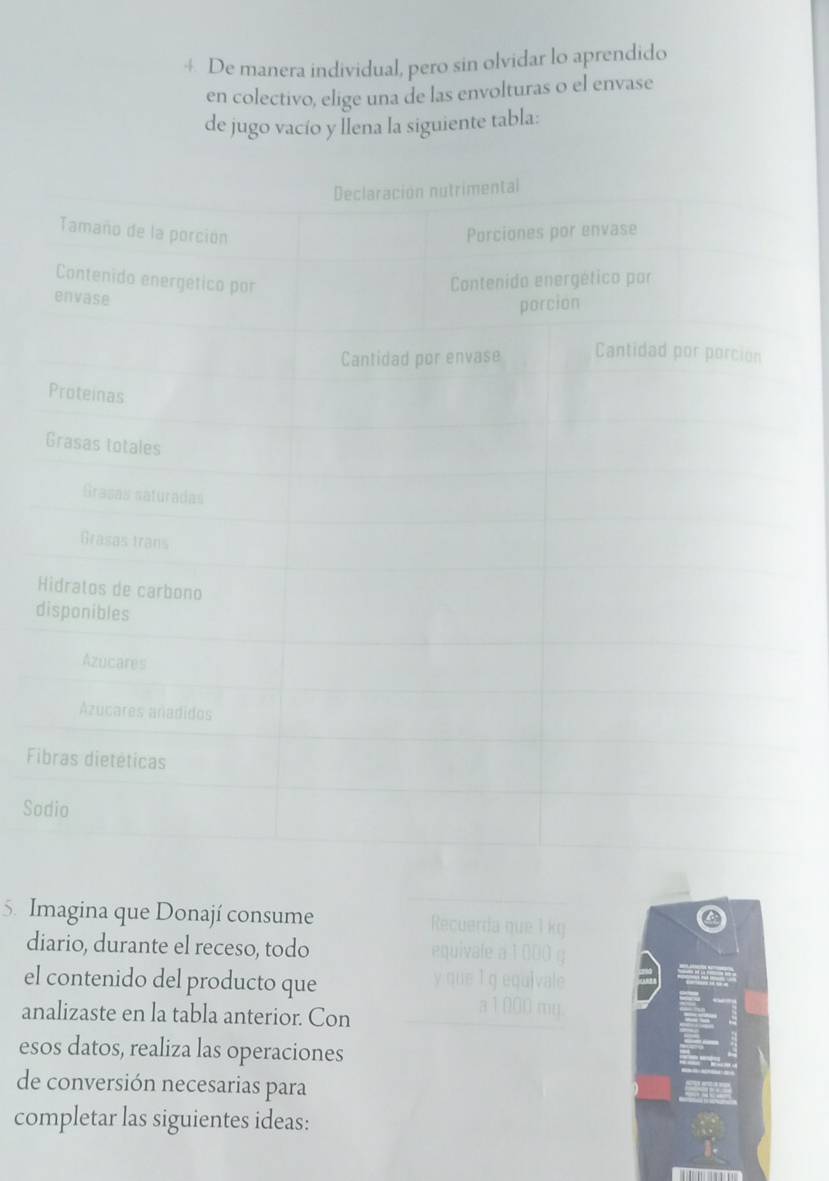 + De manera individual, pero sin olvidar lo aprendido
en colectivo, elige una de las envolturas o el envase
de jugo vacío y Îlena la siguiente tabla:
d
F
So
5. Imagina que Donají consume
diario, durante el receso, todo
el contenido del producto que
analizaste en la tabla anterior. Con
esos datos, realiza las operaciones
de conversión necesarias para
completar las siguientes ideas: