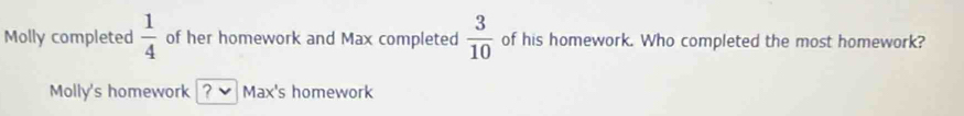 Molly completed  1/4  of her homework and Max completed  3/10  of his homework. Who completed the most homework? 
Molly's homework ? Max's homework