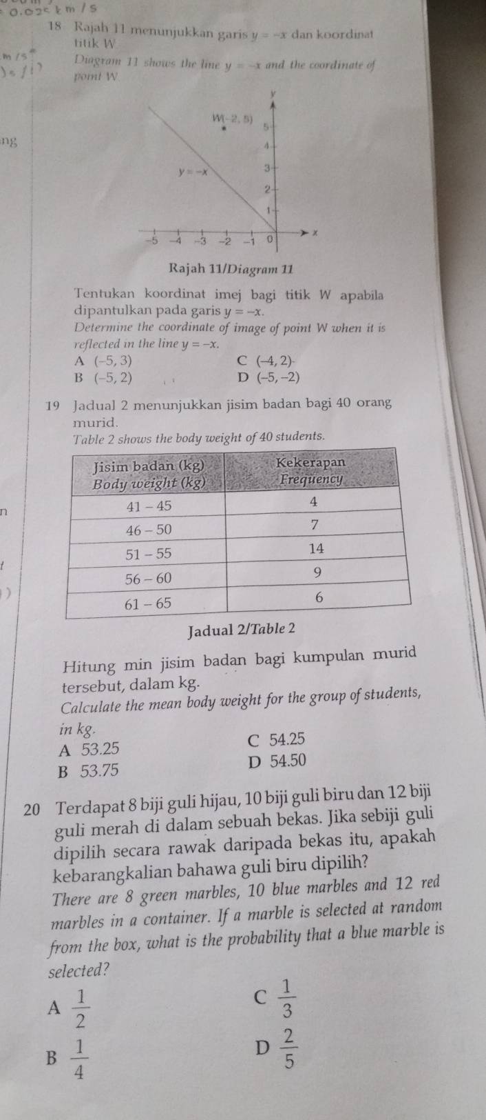 0.025km 1
18 Rajah 11 menunjukkan garis y=-x dan koordinat
titik W
m / Diagram 11 shows the line y=-x and the coordinate of
5f poit W
ng
Rajah 11/Diagram 11
Tentukan koordinat imej bagi titik W apabila
dipantulkan pada garis y=-x.
Determine the coordinate of image of point W when it is
reflected in the line y=-x.
A (-5,3)
C (-4,2)
B (-5,2)
D (-5,-2)
19 Jadual 2 menunjukkan jisim badan bagi 40 orang
murid.
Table 2 shows the body weight of 40 students.
n
Jadual 2/Table 2
Hitung min jisim badan bagi kumpulan murid
tersebut, dalam kg.
Calculate the mean body weight for the group of students,
in kg.
A 53.25 C 54.25
B 53.75 D 54.50
20 Terdapat 8 biji guli hijau, 10 biji guli biru dan 12 biji
guli merah di dalam sebuah bekas. Jika sebiji guli
dipilih secara rawak daripada bekas itu, apakah
kebarangkalian bahawa guli biru dipilih?
There are 8 green marbles, 10 blue marbles and 12 red
marbles in a container. If a marble is selected at random
from the box, what is the probability that a blue marble is
selected?
A  1/2 
C  1/3 
B  1/4 
D  2/5 