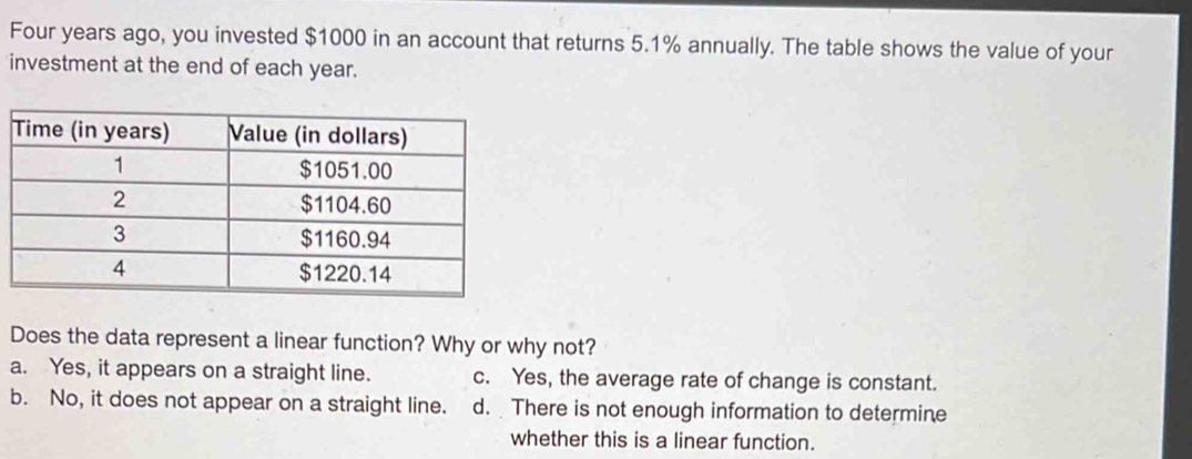 Four years ago, you invested $1000 in an account that returns 5.1% annually. The table shows the value of your
investment at the end of each year.
Does the data represent a linear function? Why or why not?
a. Yes, it appears on a straight line. c. Yes, the average rate of change is constant.
b. No, it does not appear on a straight line. d. There is not enough information to determine
whether this is a linear function.