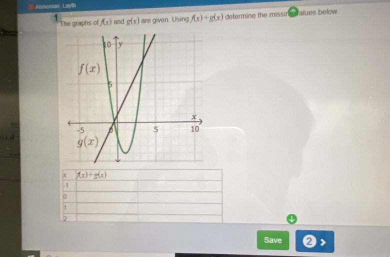 Alshemari, Layth
1 f(x) and g(x) are given. Using f(x)+g(x) determine the missin avalues below
The graphs of
x f(x)+g(x)
-1
0
1
2
Save ②