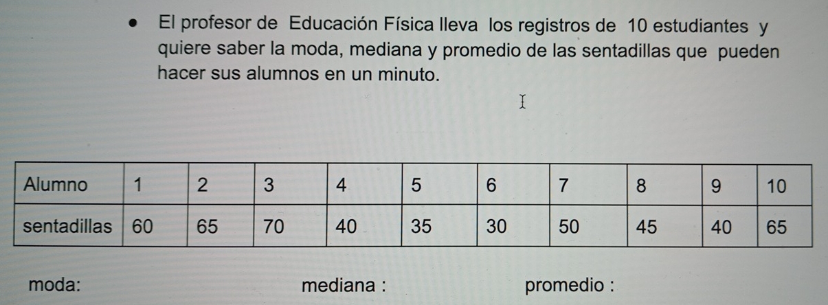 El profesor de Educación Física lleva los registros de 10 estudiantes y 
quiere saber la moda, mediana y promedio de las sentadillas que pueden 
hacer sus alumnos en un minuto. 
moda: mediana : promedio :