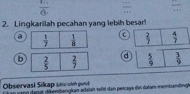 Lingkarilah pecahan yang lebih besar!
C
a 
d
b 
Observasi Sikap (diisi oleh guru)
Sikan vang dạpat dikembangkan adalah teliti dan percaya diri dalam membandingk