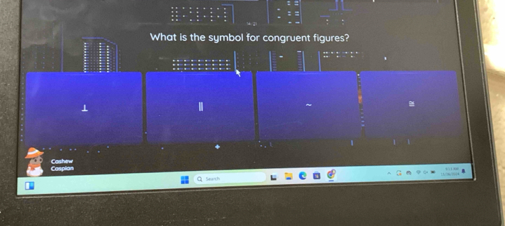 What is the symbol for congruent figures? 
Caspian Cashew 
Search