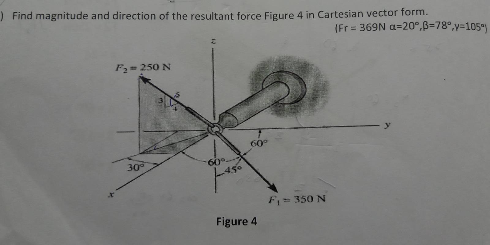 ) Find magnitude and direction of the resultant force Figure 4 in Cartesian vector form.
(Fr=369Nalpha =20°,beta =78°,gamma =105°)
Figure 4