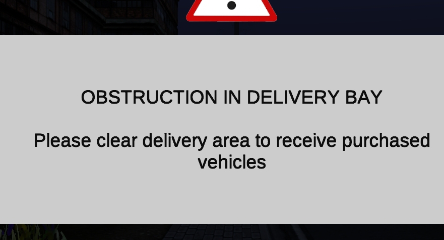 OBSTRUCTION IN DELIVERY BAY 
Please clear delivery area to receive purchased 
vehicles