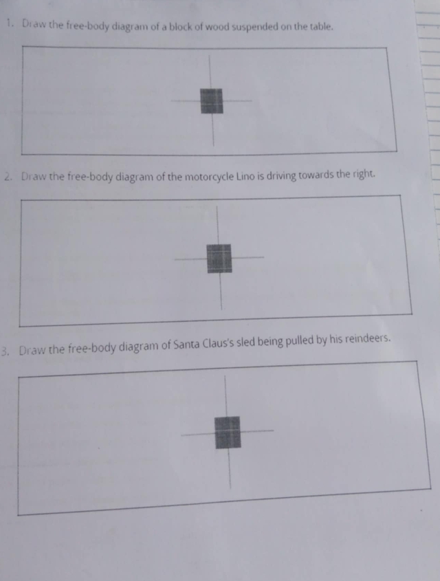 Draw the free-body diagram of a block of wood suspended on the table. 
2. Draw the free-body diagram of the motorcycle Lino is driving towards the right. 
3. Draw the free-body diagram of Santa Claus's sled being pulled by his reindeers.