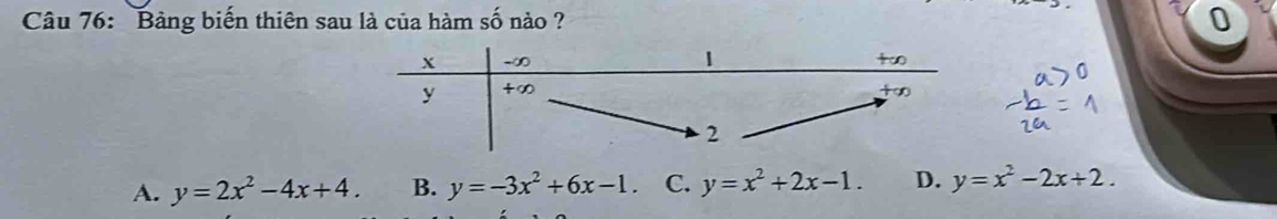 Bảng biến thiên sau là của hàm số nào ? 0
A. y=2x^2-4x+4. B. y=-3x^2+6x-1. C. y=x^2+2x-1. D. y=x^2-2x+2.