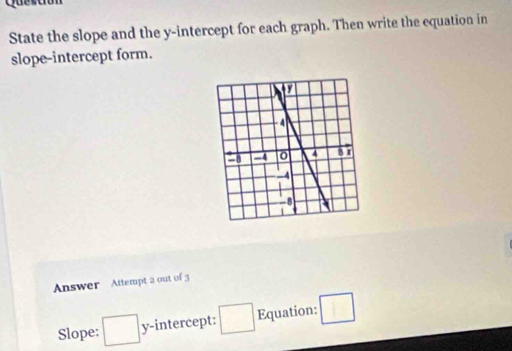 Questo 
State the slope and the y-intercept for each graph. Then write the equation in 
slope-intercept form. 
Answer Attempt 2 out of 3 
Slope: □ y-intercept: □ Equation: □