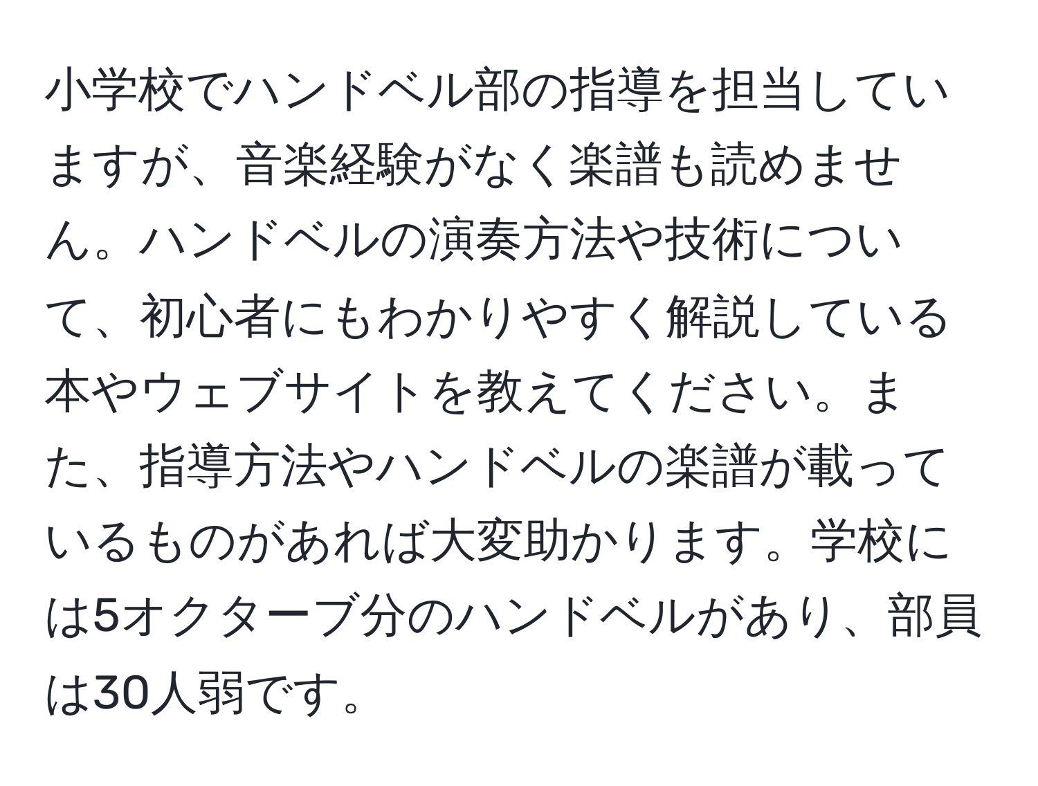 小学校でハンドベル部の指導を担当していますが、音楽経験がなく楽譜も読めません。ハンドベルの演奏方法や技術について、初心者にもわかりやすく解説している本やウェブサイトを教えてください。また、指導方法やハンドベルの楽譜が載っているものがあれば大変助かります。学校には5オクターブ分のハンドベルがあり、部員は30人弱です。