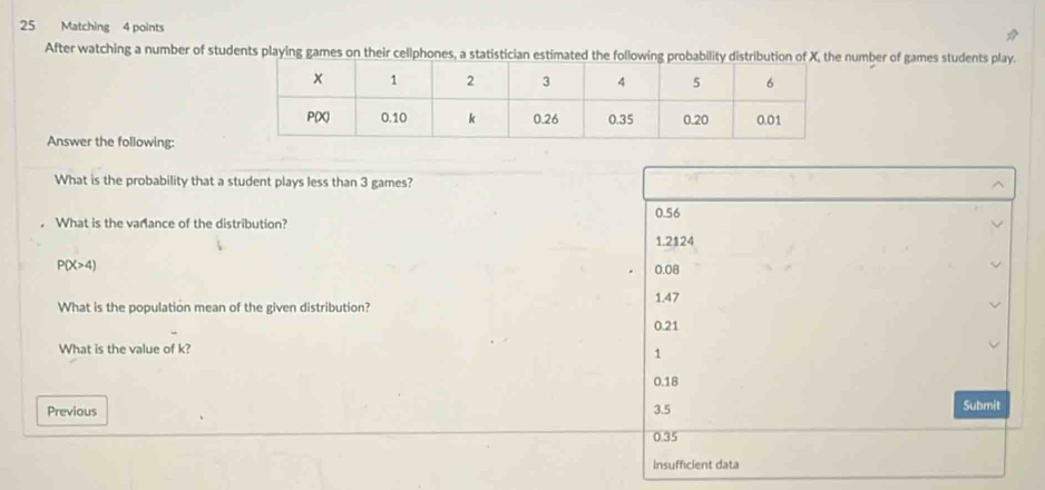 Matching 4 points
After watching a number of students playing games on their cellphones, a statistician estimated the following probability diumber of games students play.
Answer the following:
What is the probability that a student plays less than 3 games?
0.56
What is the vanance of the distribution?
1.2124
P(X>4) 0.08
What is the population mean of the given distribution? 1.47
0.21
What is the value of k?
1
0.18
Previous 3.5
Submit
0.35
Insufficient data