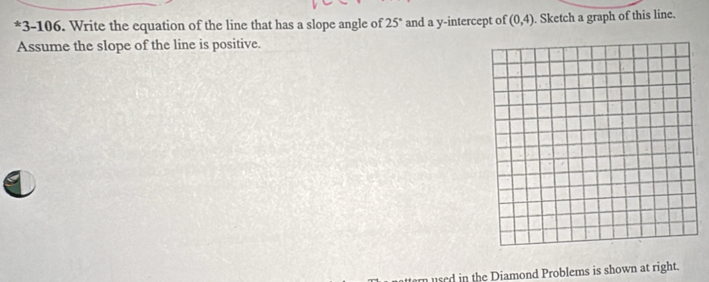 3-106. Write the equation of the line that has a slope angle of 25° and a y-intercept of (0,4). Sketch a graph of this line. 
Assume the slope of the line is positive. 
used in the Diamond Problems is shown at right.